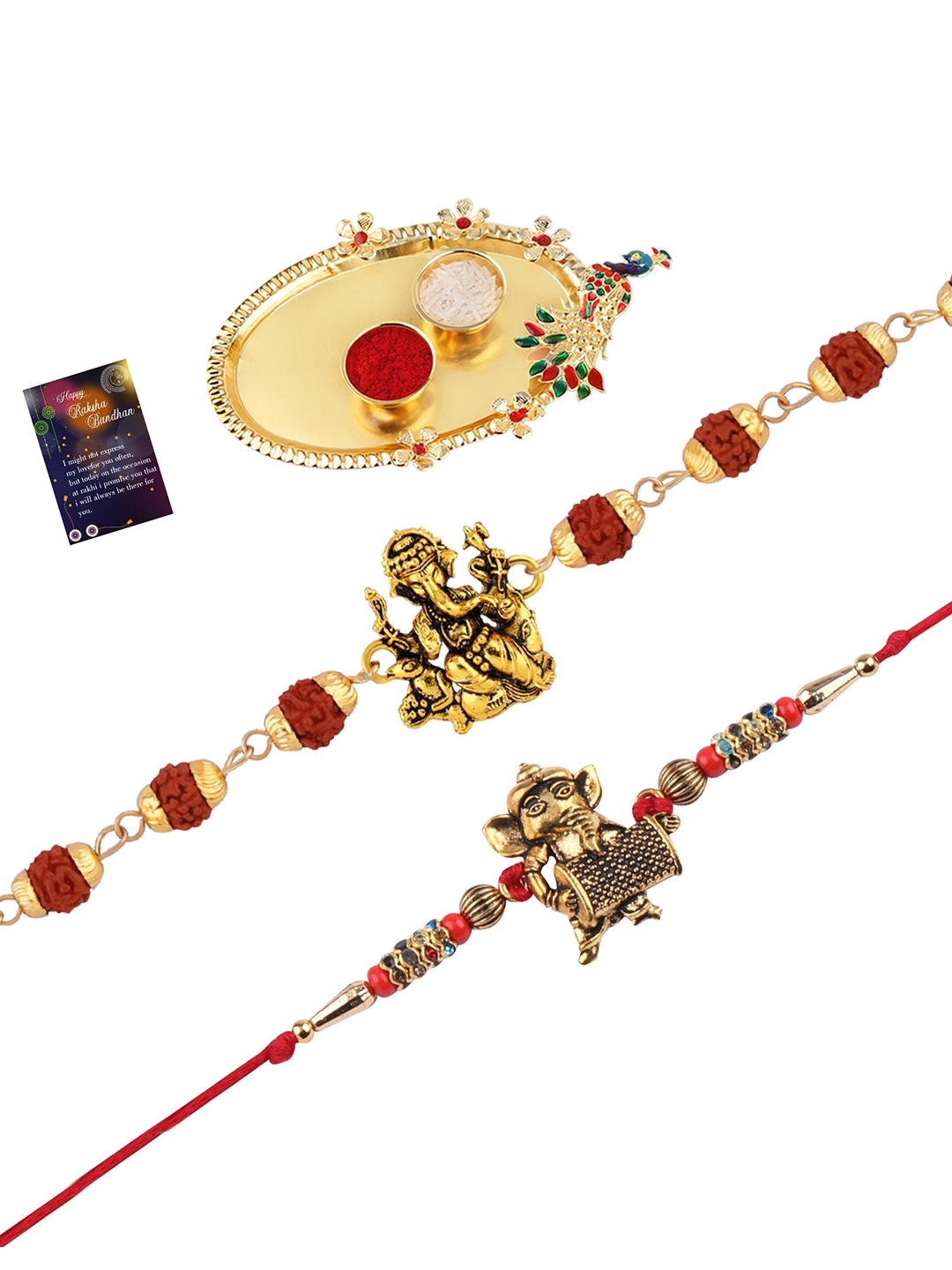 

Silver Shine Unisex Set Of 2 Rakhi With Pooja Thali Roli Chawal And Greeting Card, Gold