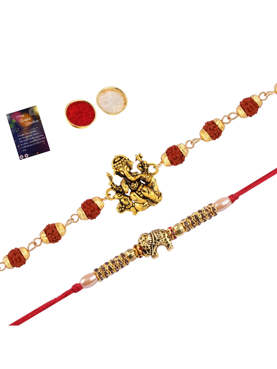 

Silver Shine Unisex Set Of 2 Rakhis With Roli Chawal And Greeting Card, Gold