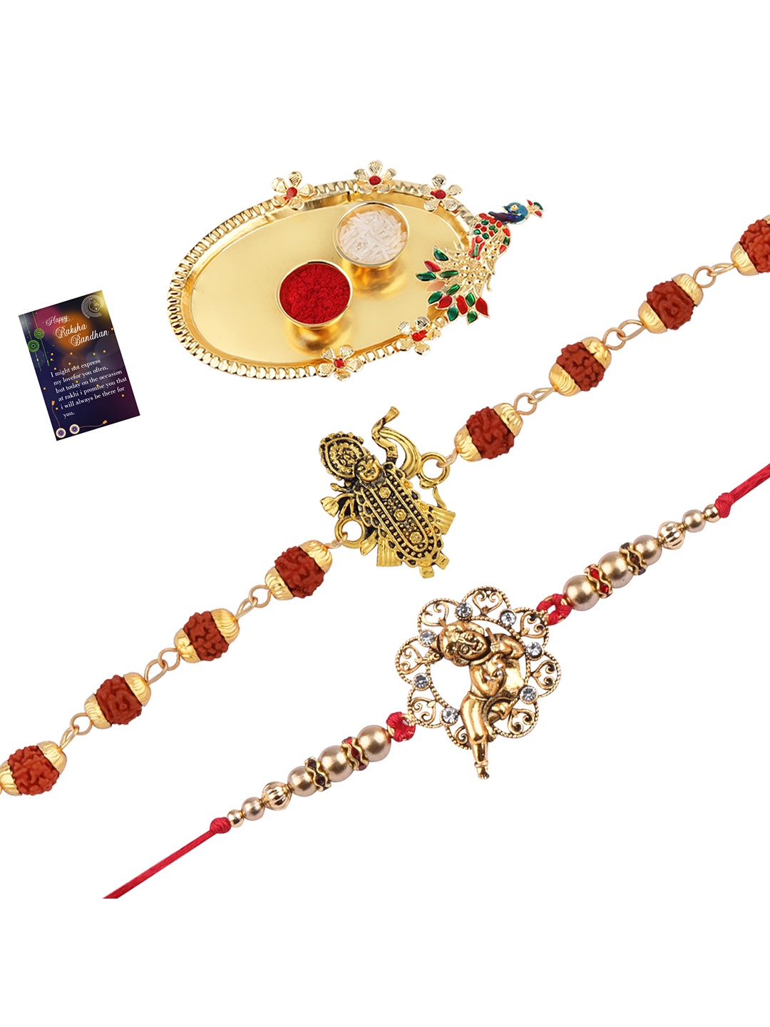 

Silver Shine Unisex Set Of 2 Rakhis With Pooja Thali Roli Chawal And Greeting Card, Gold