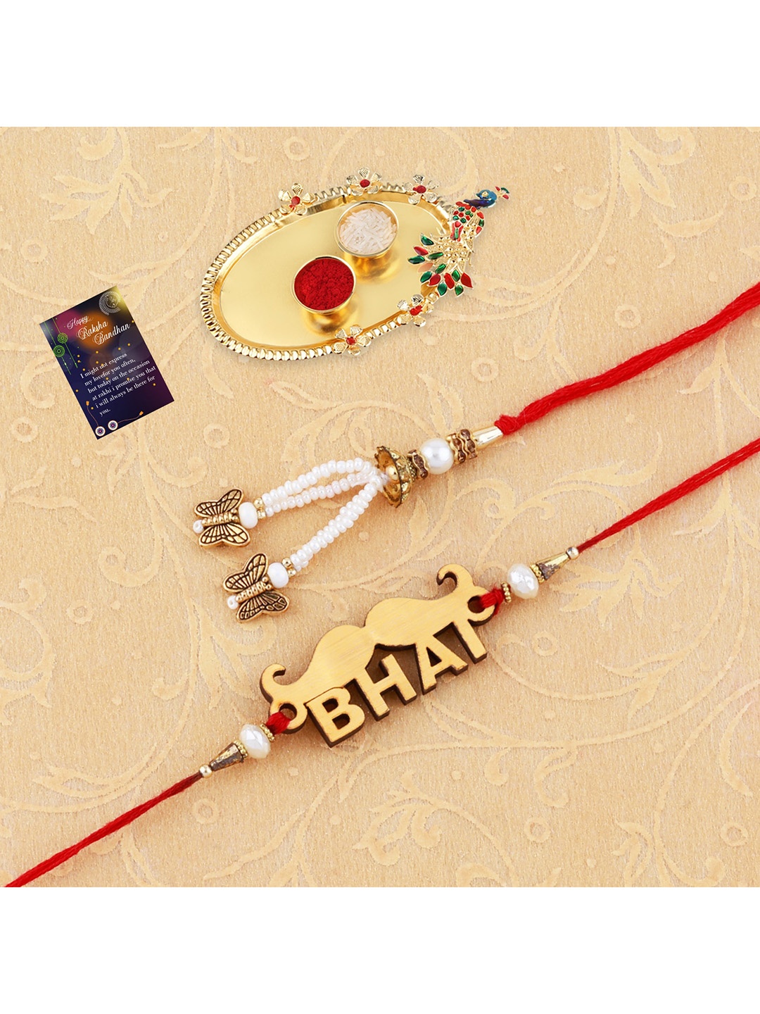 

Silver Shine Unisex Set Of 2 Rakhi With Pooja Thali Roli Chawal And Greeting Card, Gold