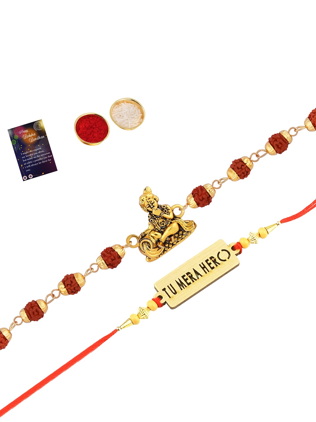 

Silver Shine Set Of 2 Rakhi With Roli Chawal & Greeting Card, Gold