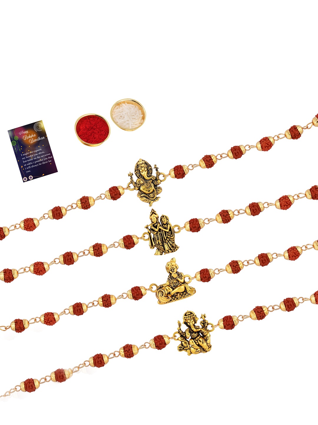 

Silver Shine Set Of 4 Rakhi With Roli Chawal & Card, Gold