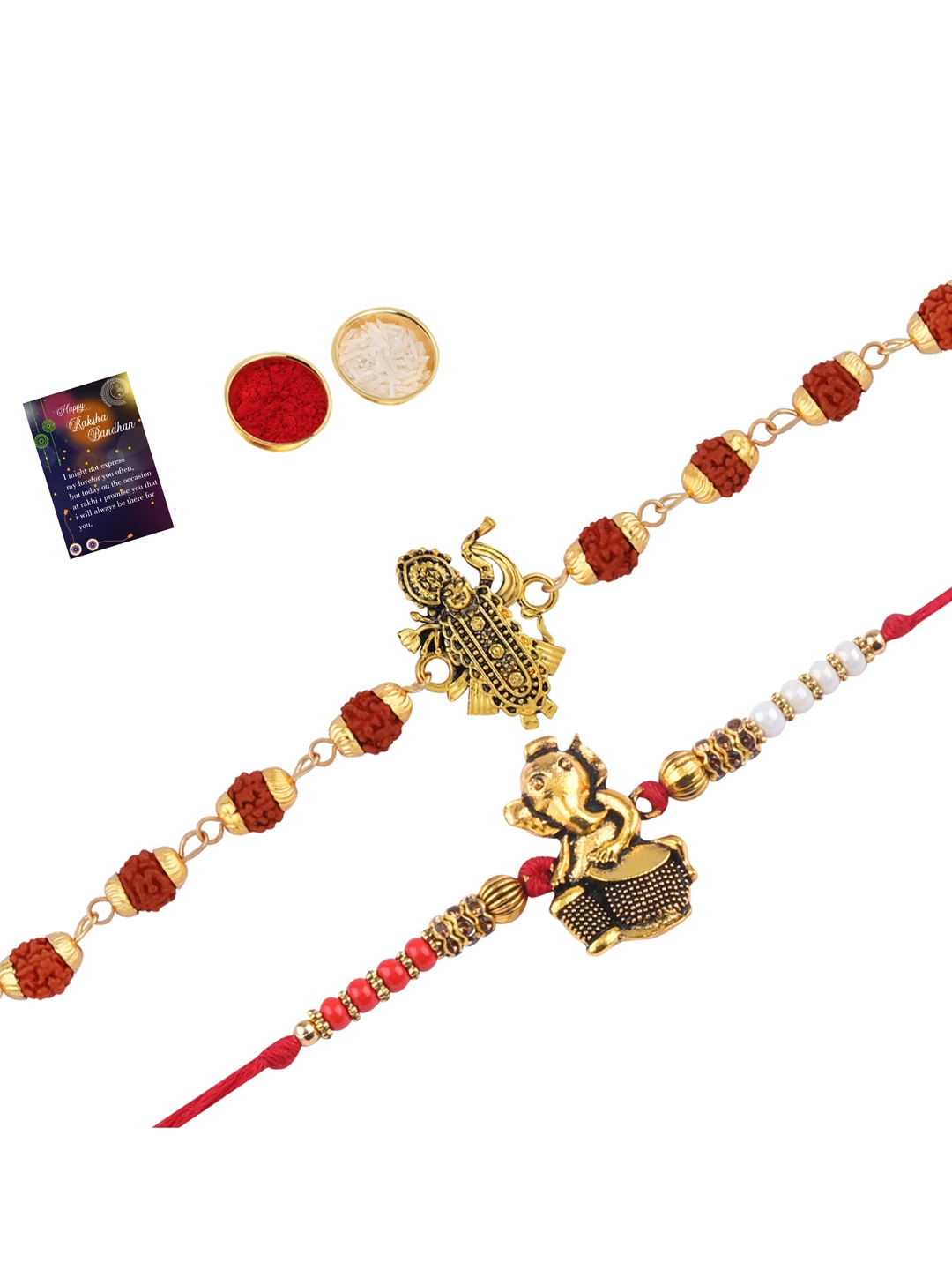 

Silver Shine Set of 2 Rakhi With Roli Chawal And Greeting Card, Gold