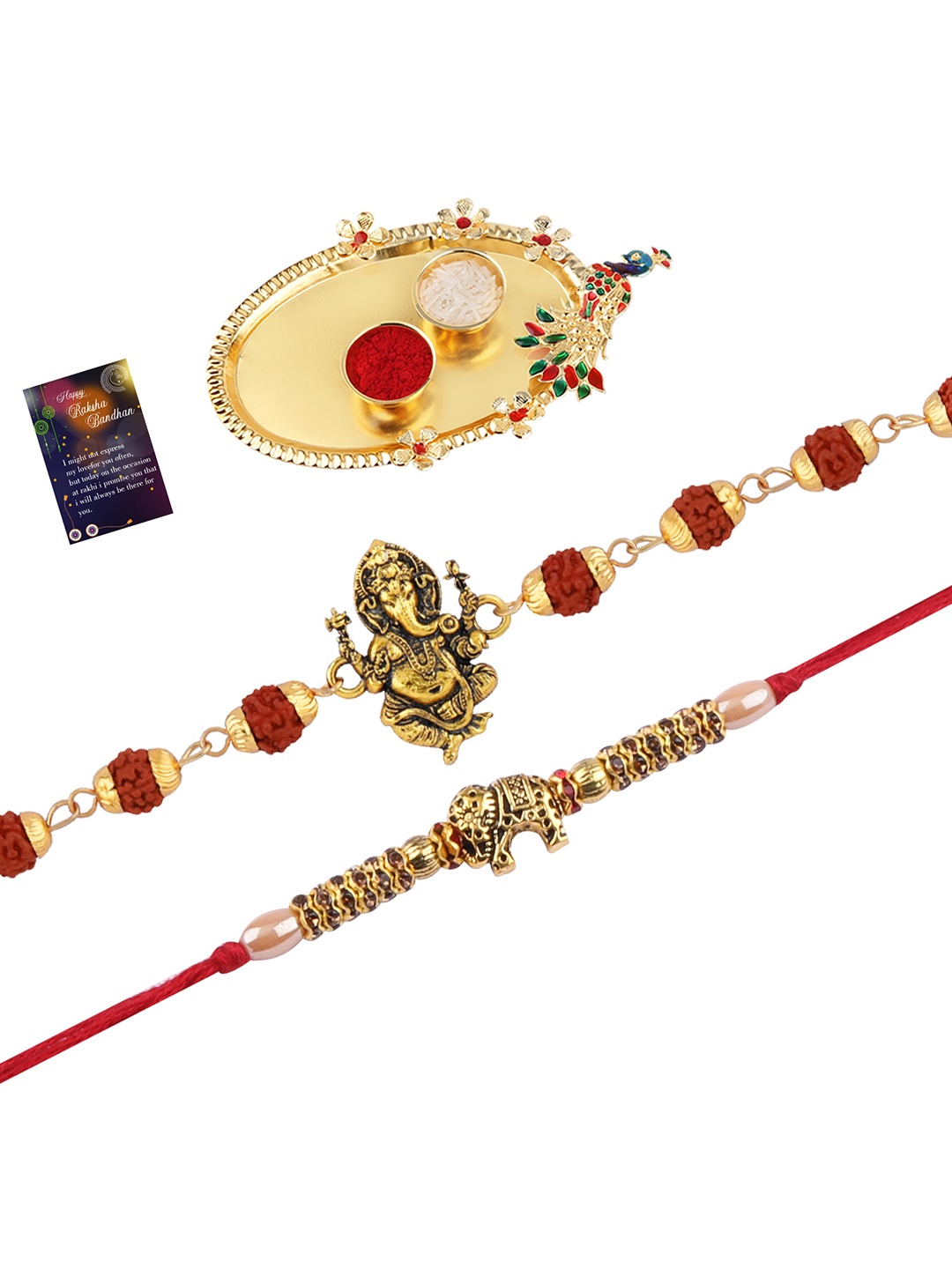 

Silver Shine 2 Rakhi With Pooja Thali Roli Chawal And Greeting Card, Gold