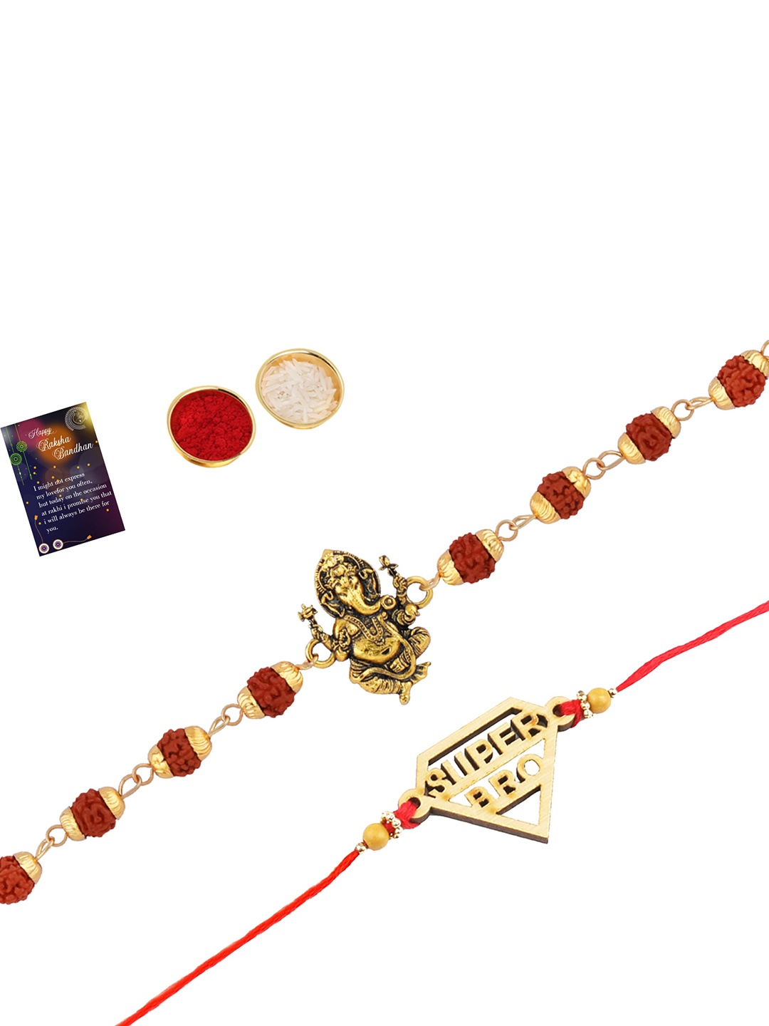 

Silver Shine Set Of 2 Rakhi With Roli Chawal And greeting Card, Red