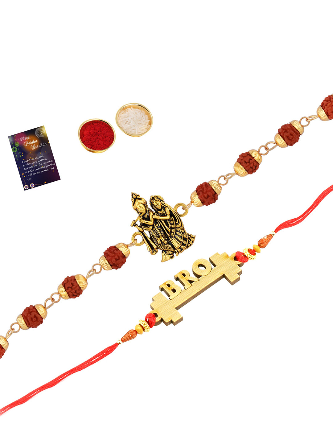 

Silver Shine Set Of 2 Rakhi With Roli Chawal And Greeting Card, Gold
