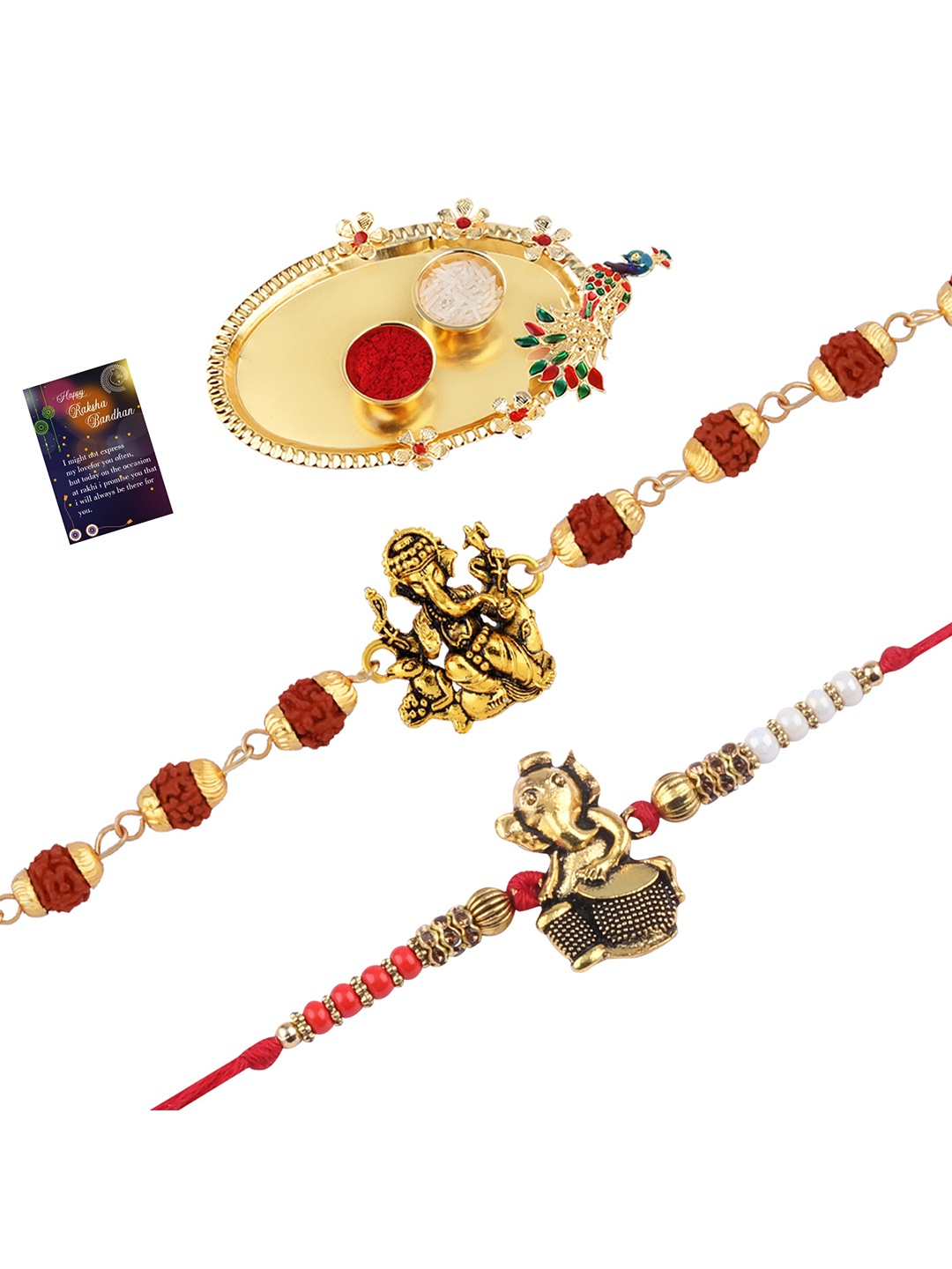 

Silver Shine Set Of 2 Beaded Rakhi Gift Set, Red