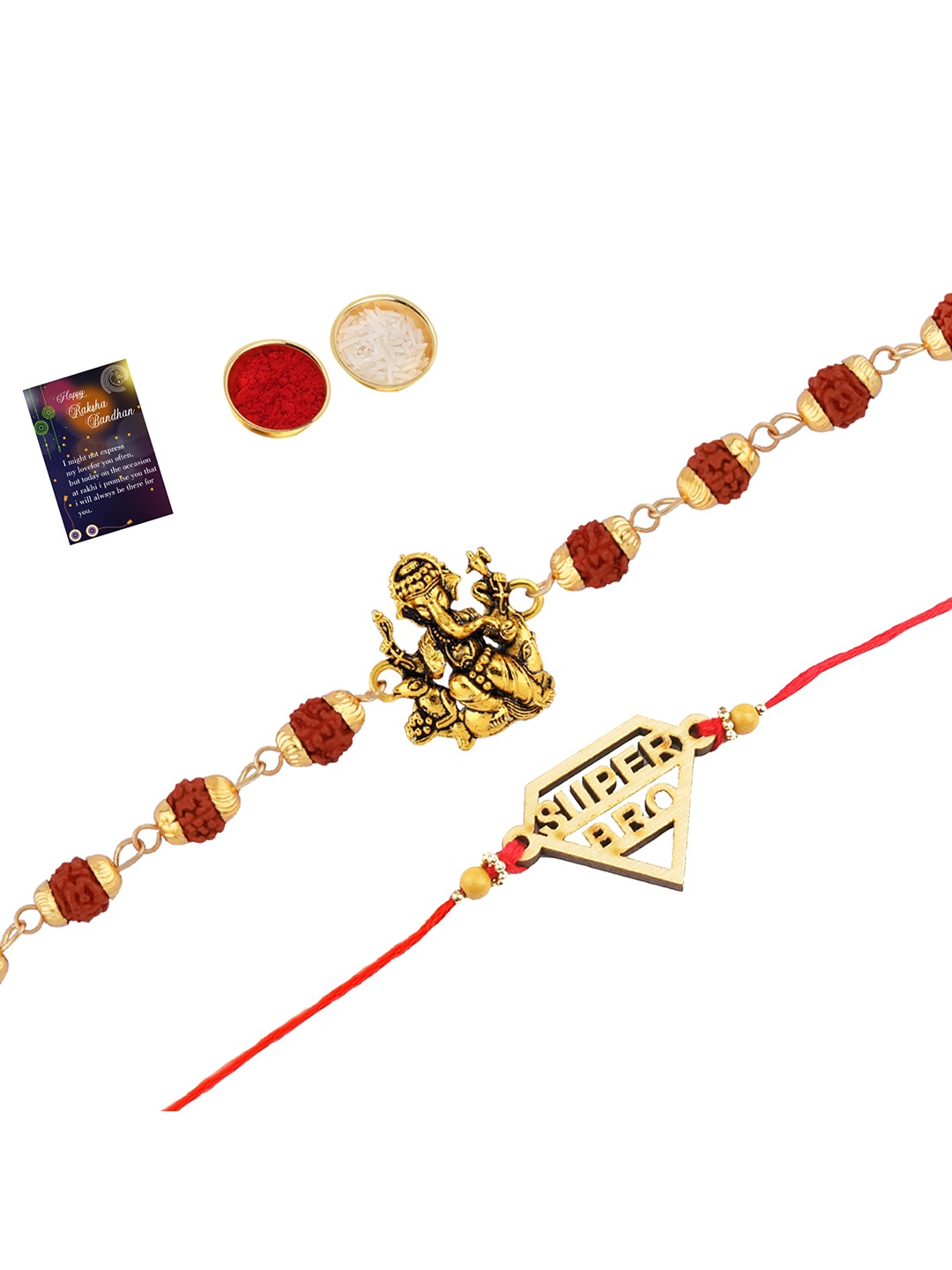 

Silver Shine Unisex Set Of 2 Rakhi With Roli Chawal & Card, Gold