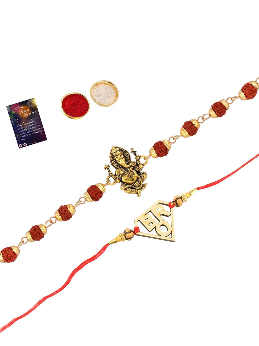 

Silver Shine Unisex Set Of 2 Rakhi With Roli Chawal & Greeting Card, Gold