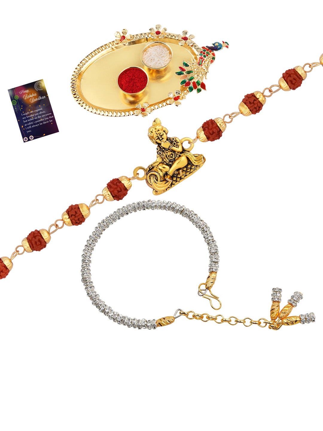 

Silver Shine Unisex Set of 2 Rakhis With Roli Chawal Pooja Thali, Gold