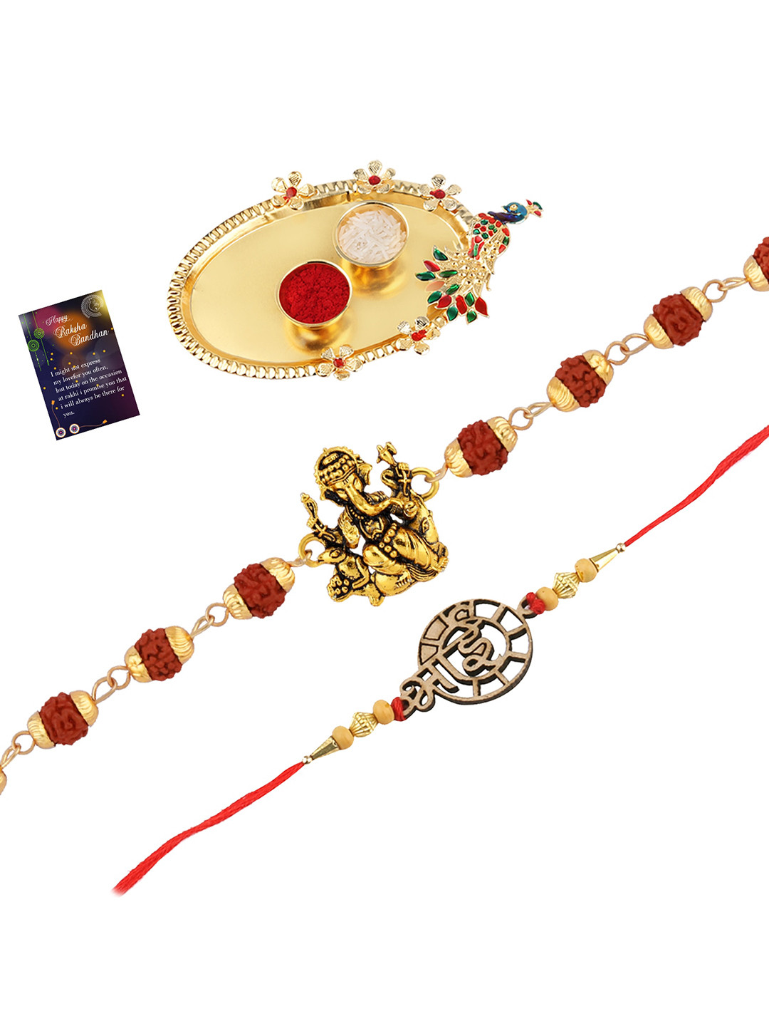 

Silver Shine Unisex Set Of 2 Beaded Rakhi With Roli Chawal Poojathali, Red