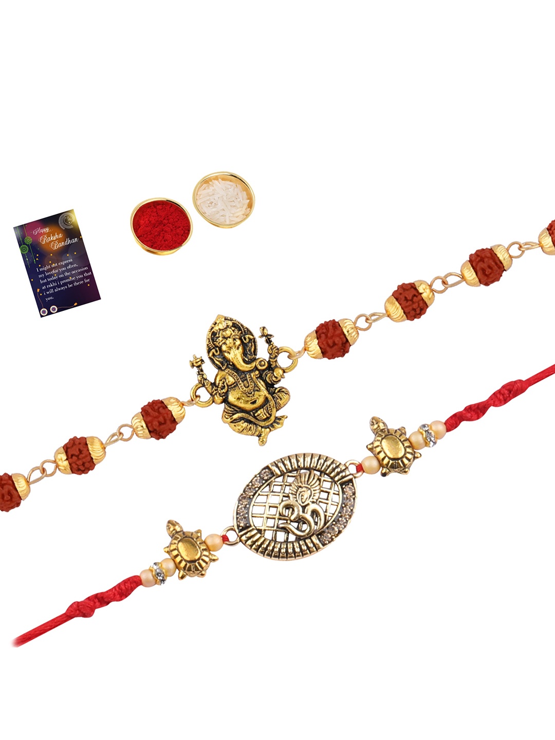 

Silver Shine Unisex Set of 2 Rakhi With Roli Chawal And Greeting Card, Gold