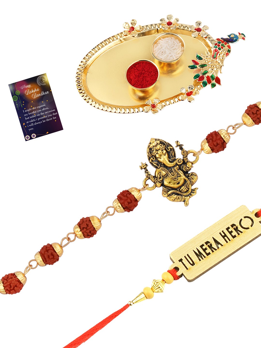 

Silver Shine Unisex Set Of 2 Rakhi With Pooja Thali Roli Chawal And greeting Card, Gold