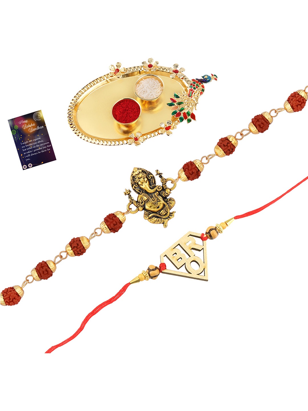 

Silver Shine Unisex Set Of 2 Rakhi With Roli Chawal & Greeting Card, Gold