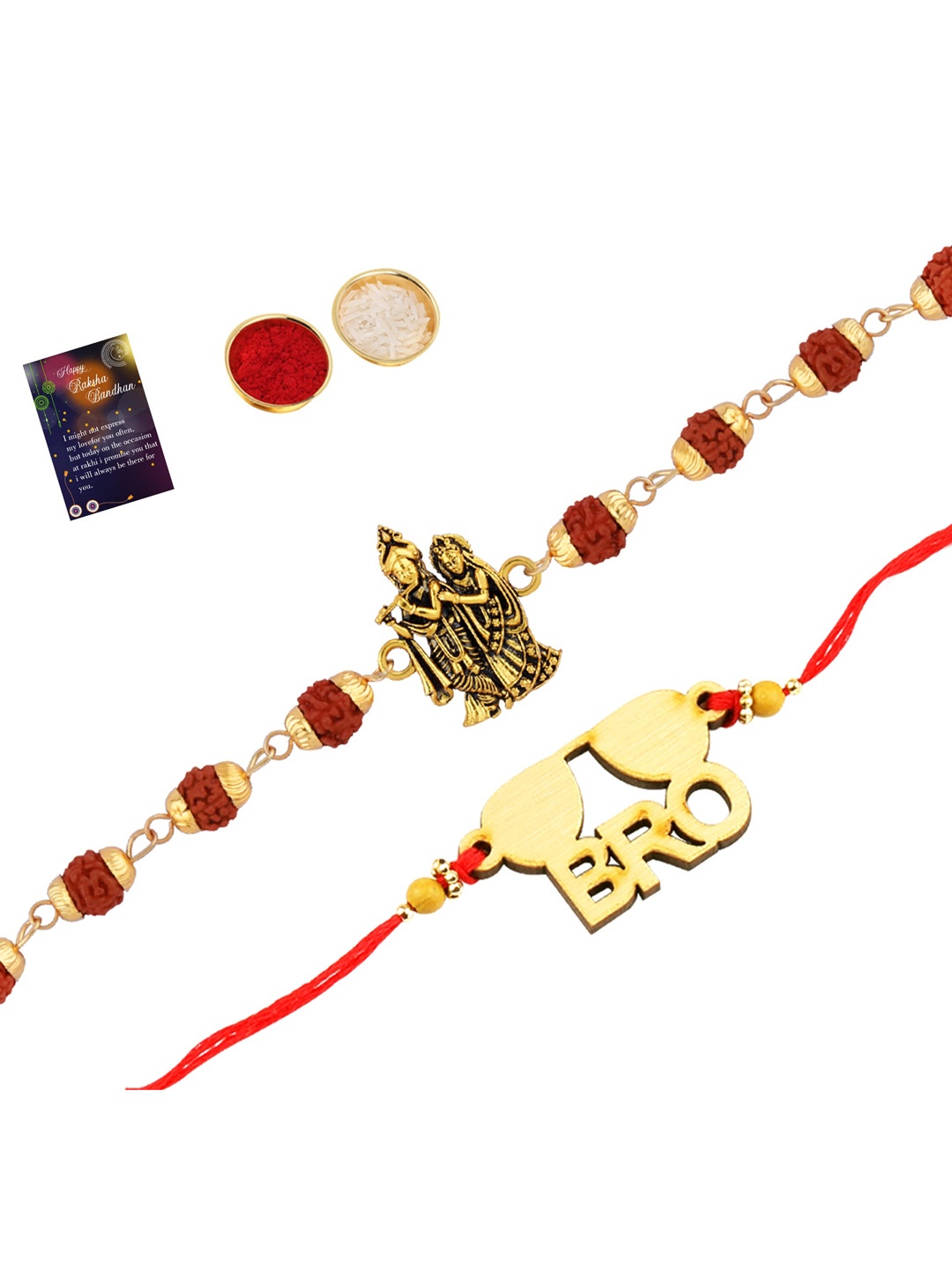

Silver Shine Unisex Set Of 2 Rakhi with Roli Chawal and Greeting Card, Gold