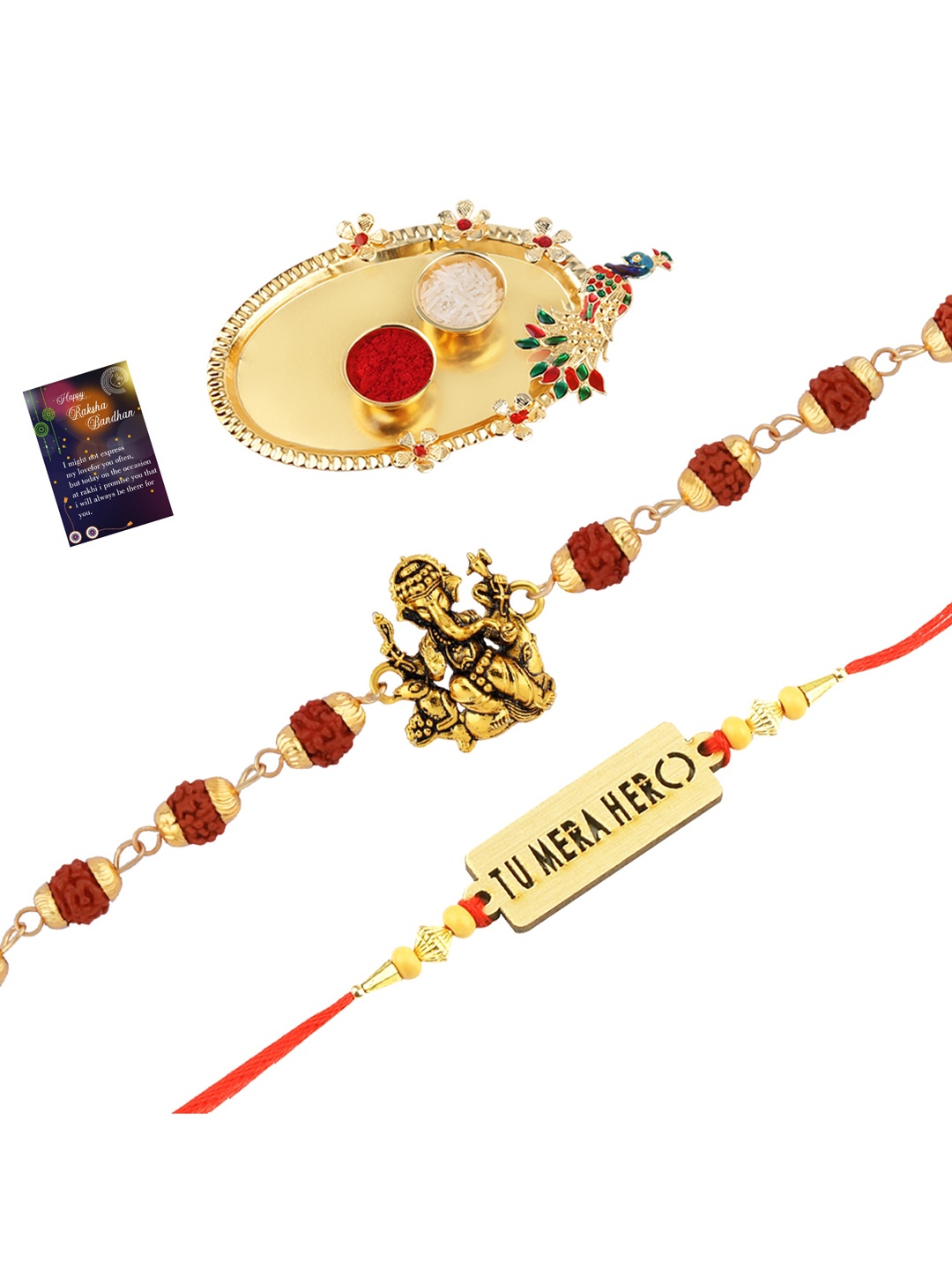 

Silver Shine Unisex Set Of 2 Beaded Rakhi With Roli Chawal Poojathali, Red