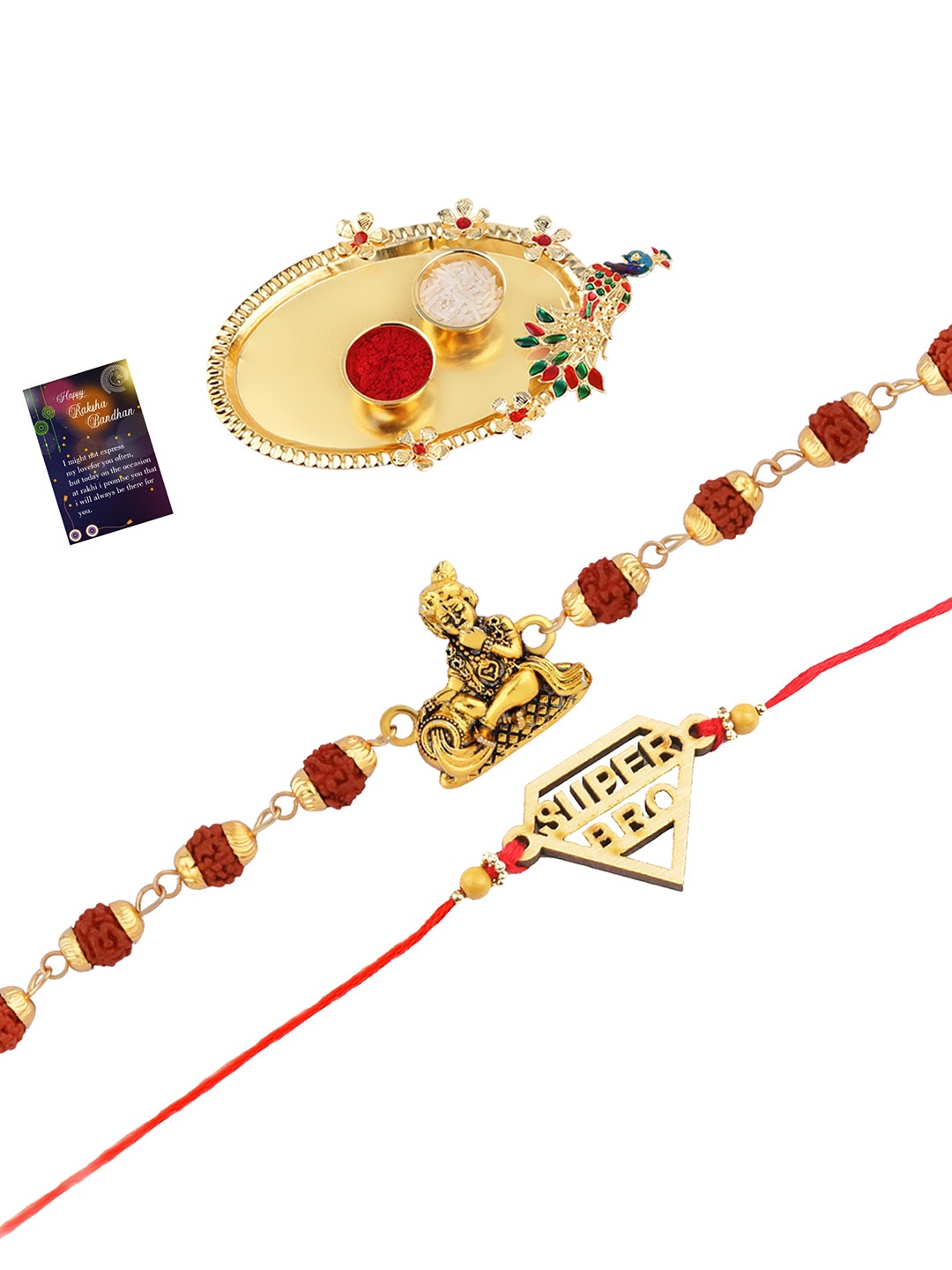 

Silver Shine Set of 2 Rakhi With Pooja Thali Roli Chawal And Greeting Card, Gold