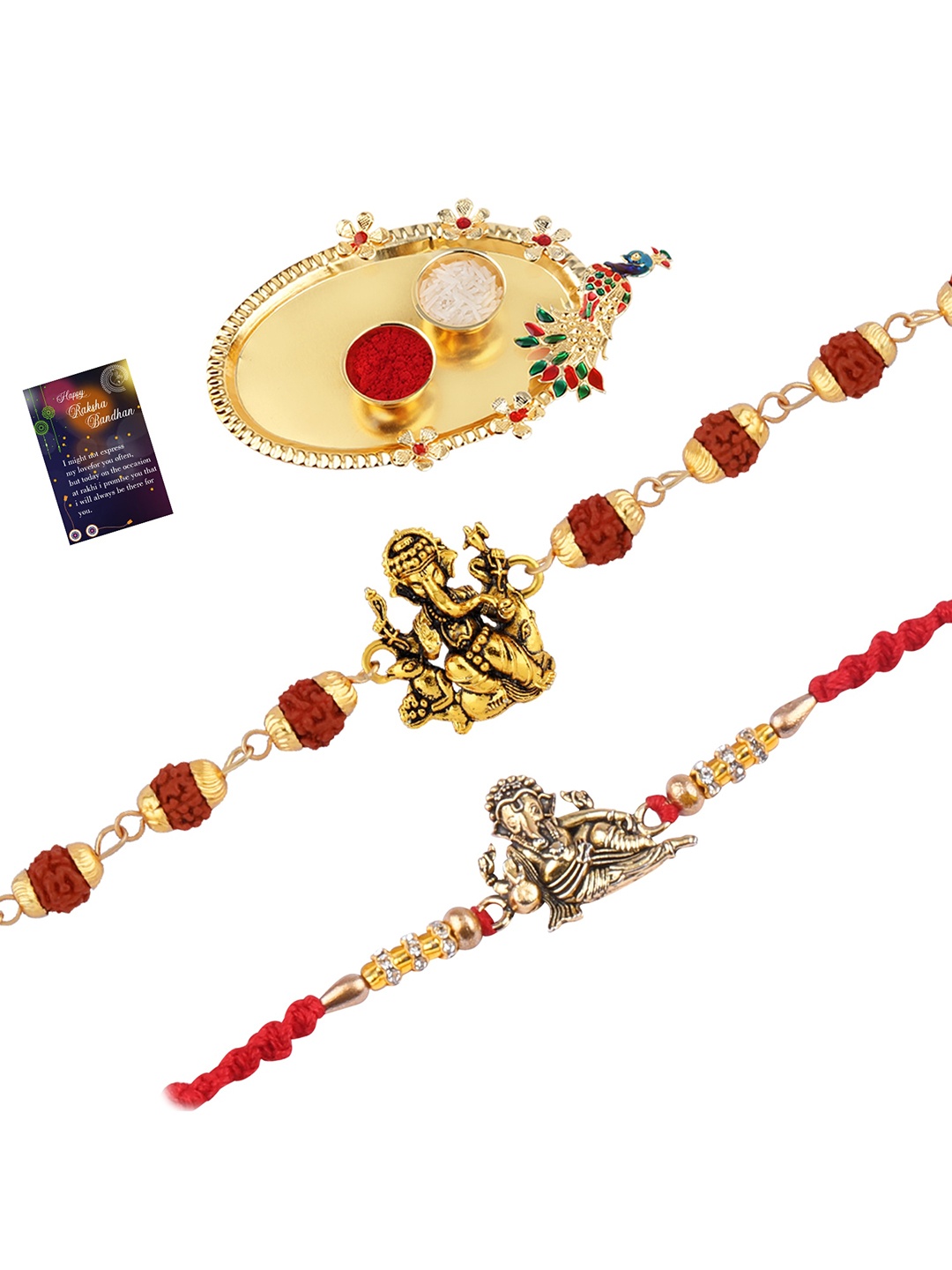 

Silver Shine Set Of 2 Rakhi With Roli Chawal Thali & Card, Gold