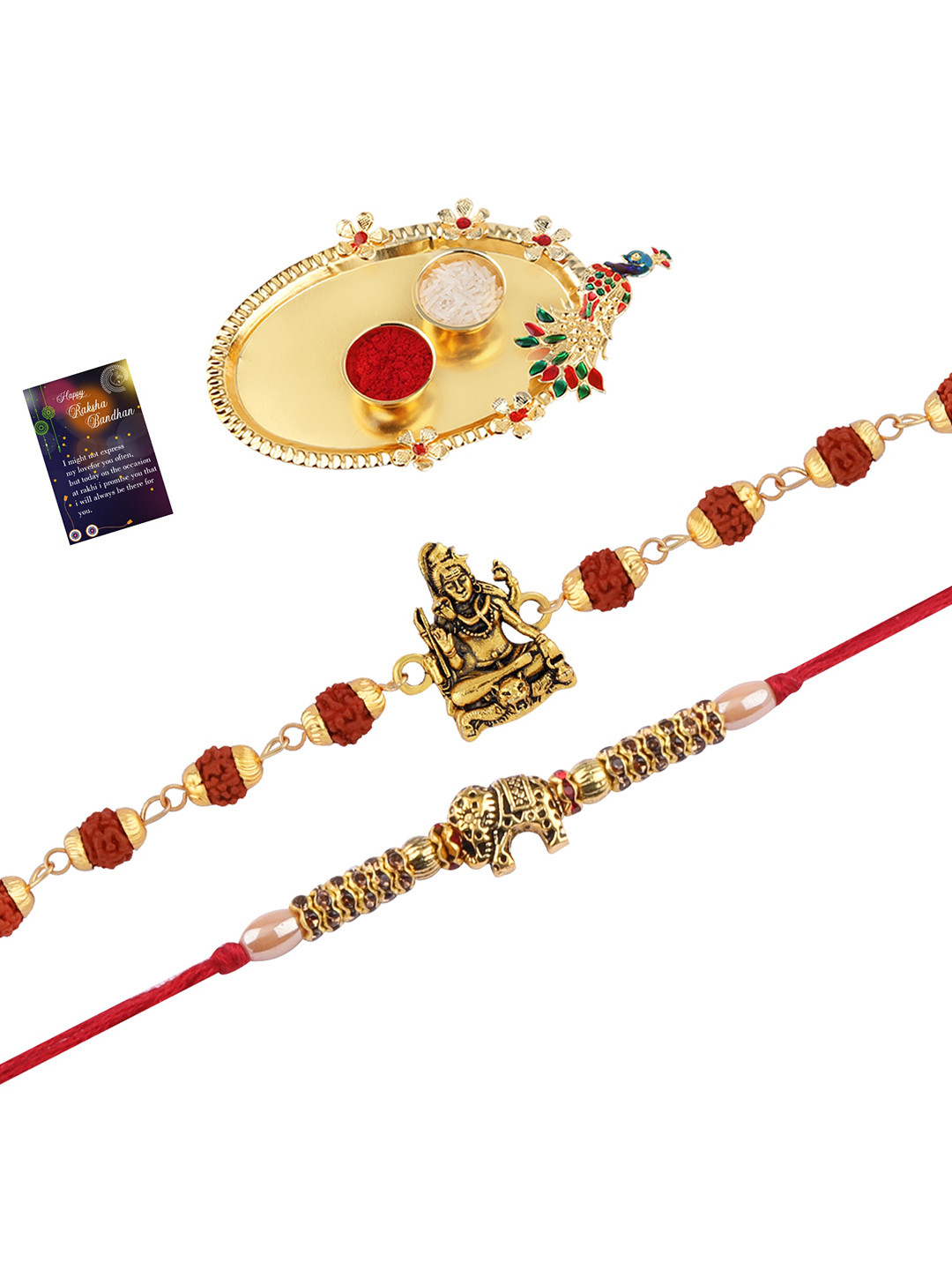 

Silver Shine Set Of 2 Rakhi With Pooja Thali Roli Chawal And greeting Card, Multi