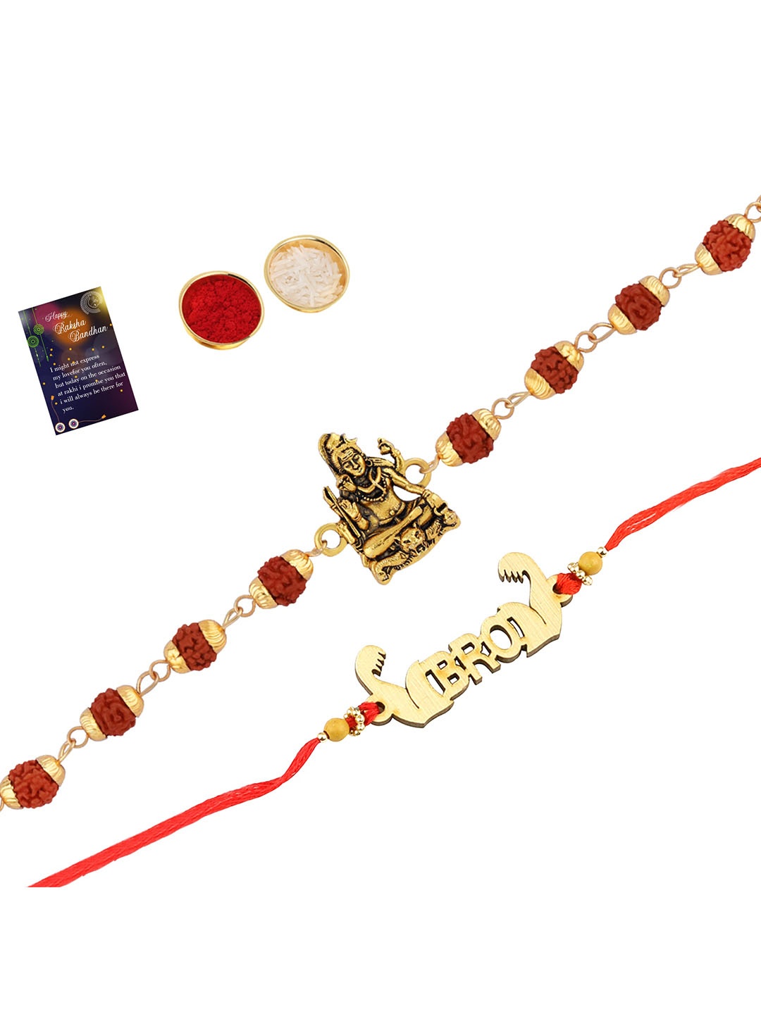 

Silver Shine Set Of 2 Rakhi With Roli Chawal & Greeting Card, Red