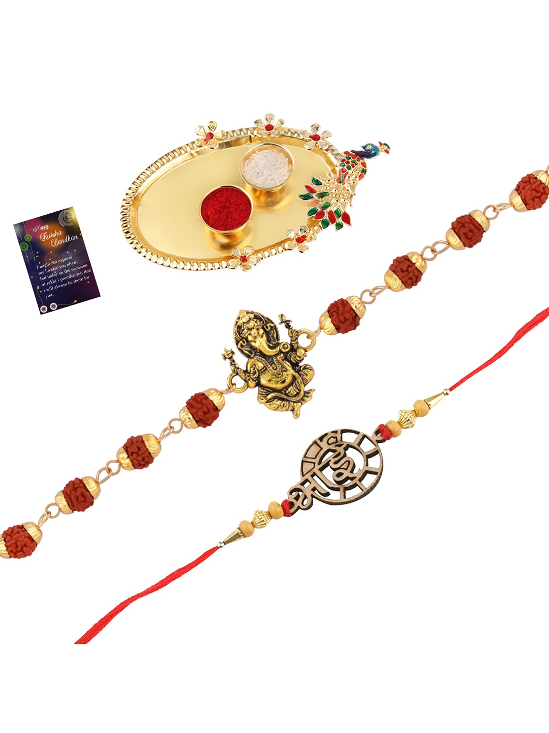 

Silver Shine Set Of 2 Rakhi With Pooja Thali Roli Chawal And Greeting Card, Red