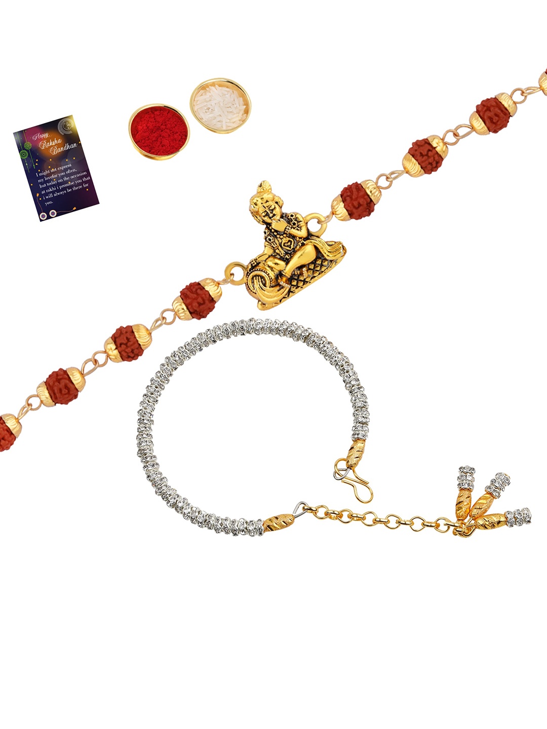 

Silver Shine Set Of 2 Red & Gold-Toned Rakhi With Roli Chawal And greeting Card