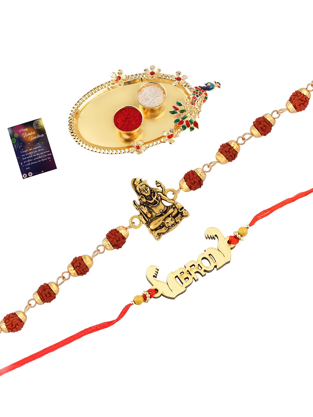 

Silver Shine Set Of 2 Rakhi With Pooja Thali Roli Chawal And Greeting Card, Red