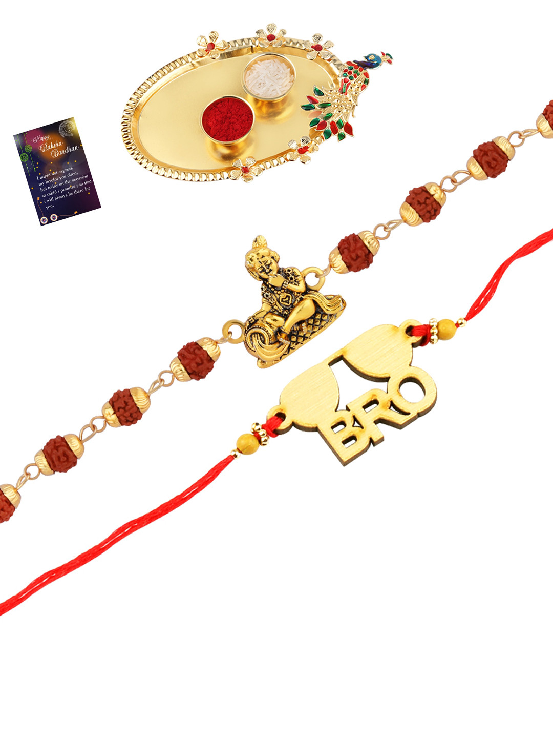 

Silver Shine Set of 2 Rakhi With Pooja Thali Roli Chawal And Greeting Card, Multi