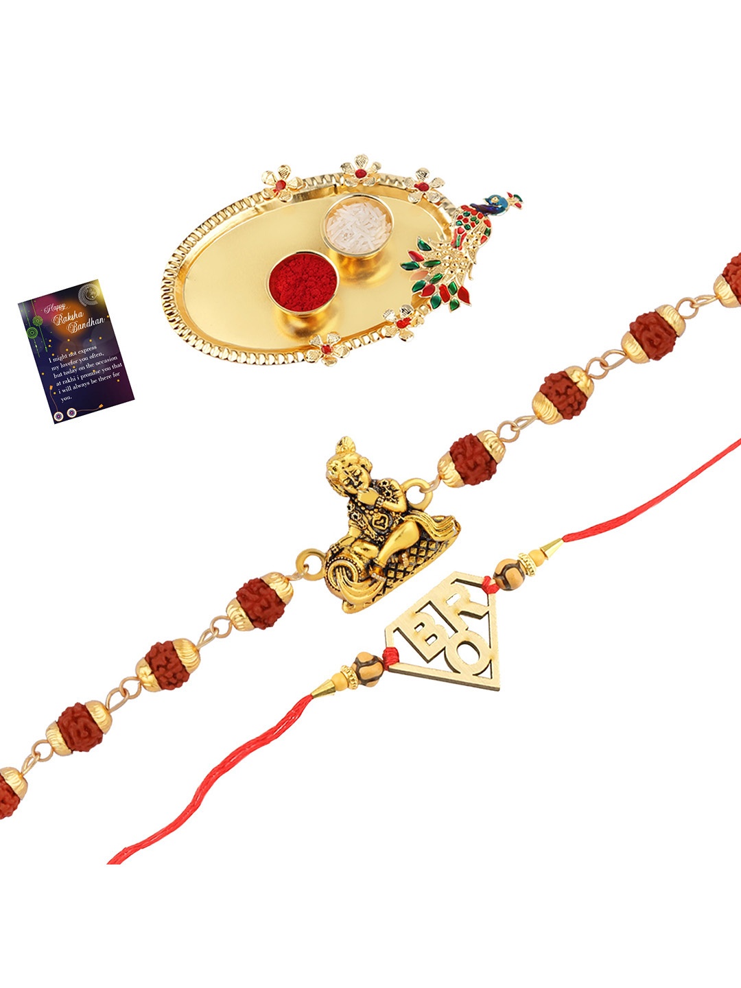 

Silver Shine Set Of 2 Rakhi With Pooja Thali Roli Chawal and Greeting Card, Gold
