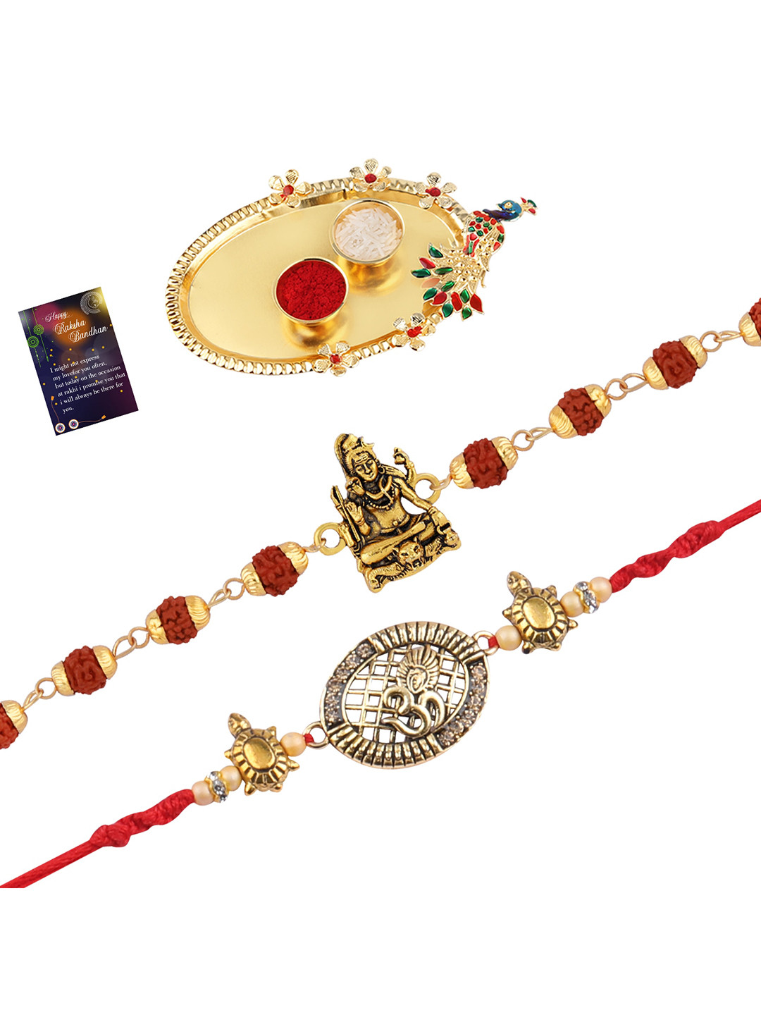 

Silver Shine Set of 2 Rakhis With Roli Chawal Pooja Thali, Red