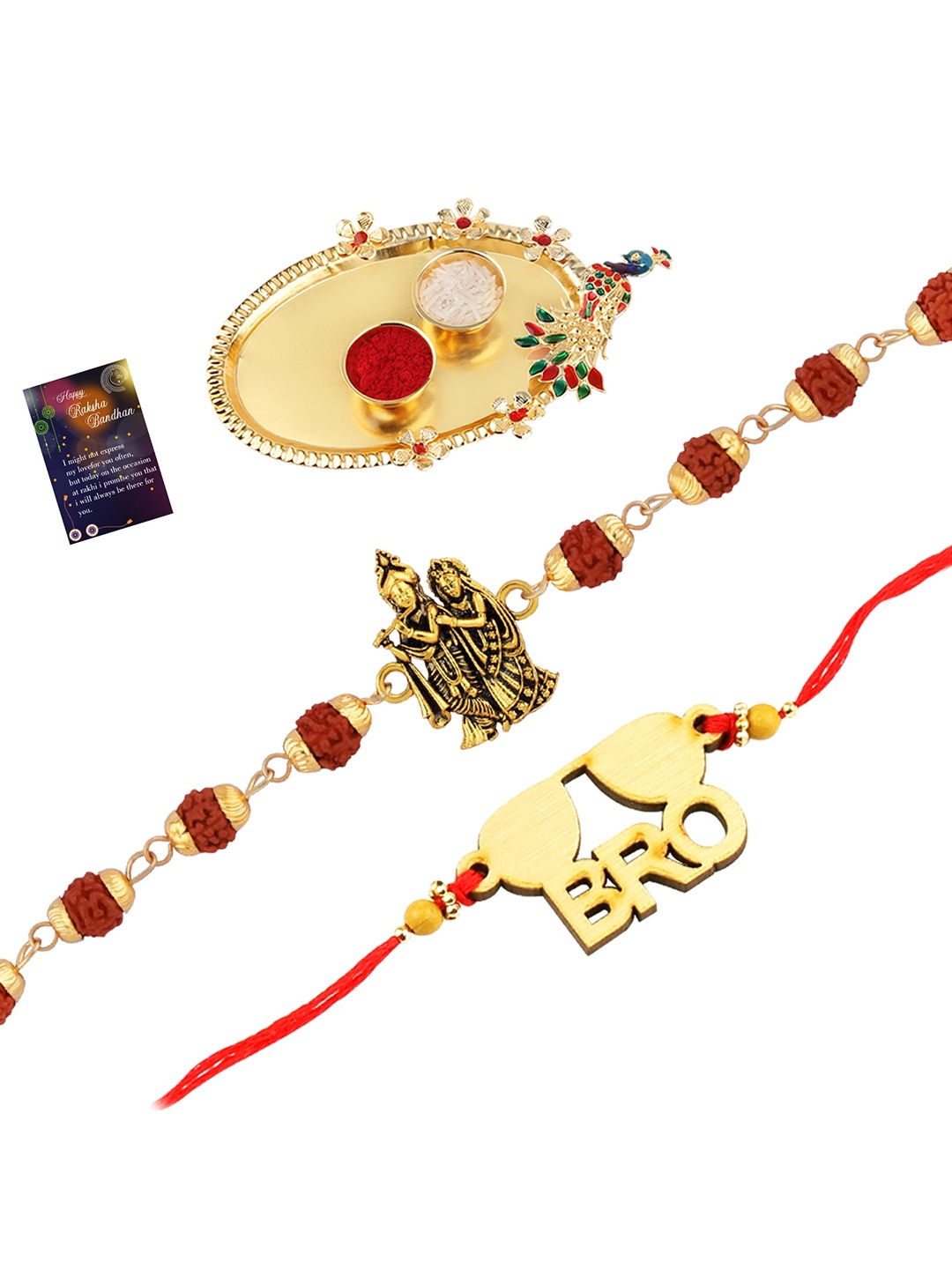 

Silver Shine Set of 2 Rakhi With Pooja Thali Roli Chawal And Greeting Card, Gold