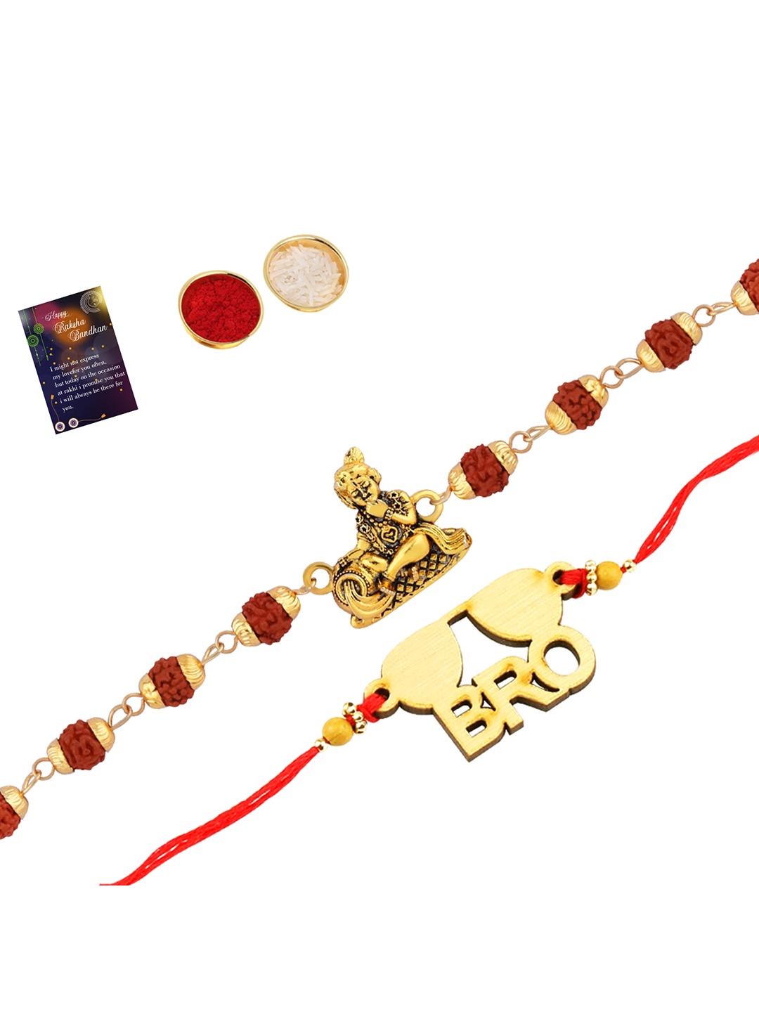

Silver Shine Set of 2 Rakhi With Roli Chawal & Greeting Card, Red