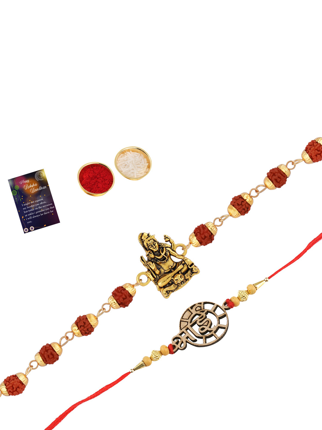 

Silver Shine Set of 2 Rakhi with Roli Chawal and Greeting Card, Red