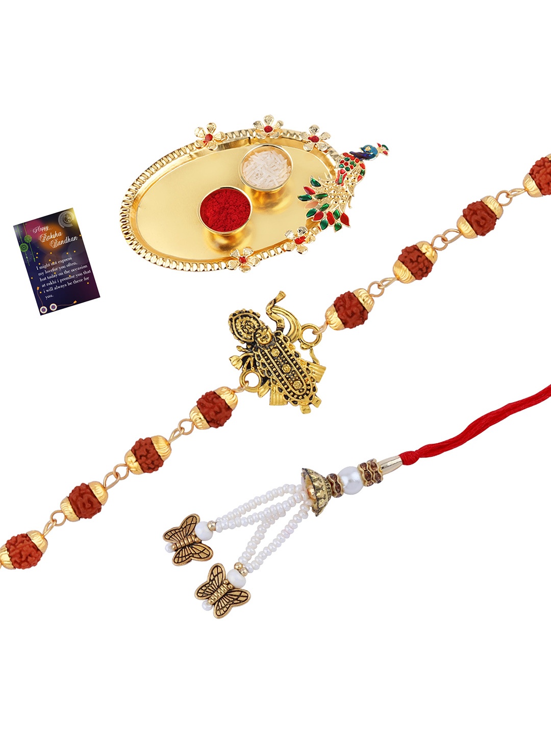 

Silver Shine Set of 2 Rakhis With Roli Chawal Pooja Thali, Red