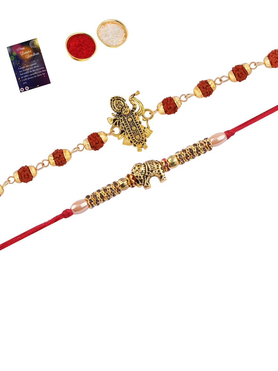 

Silver Shine Set of 2 Rakhi With Roli Chawal And Greeting Card, Gold