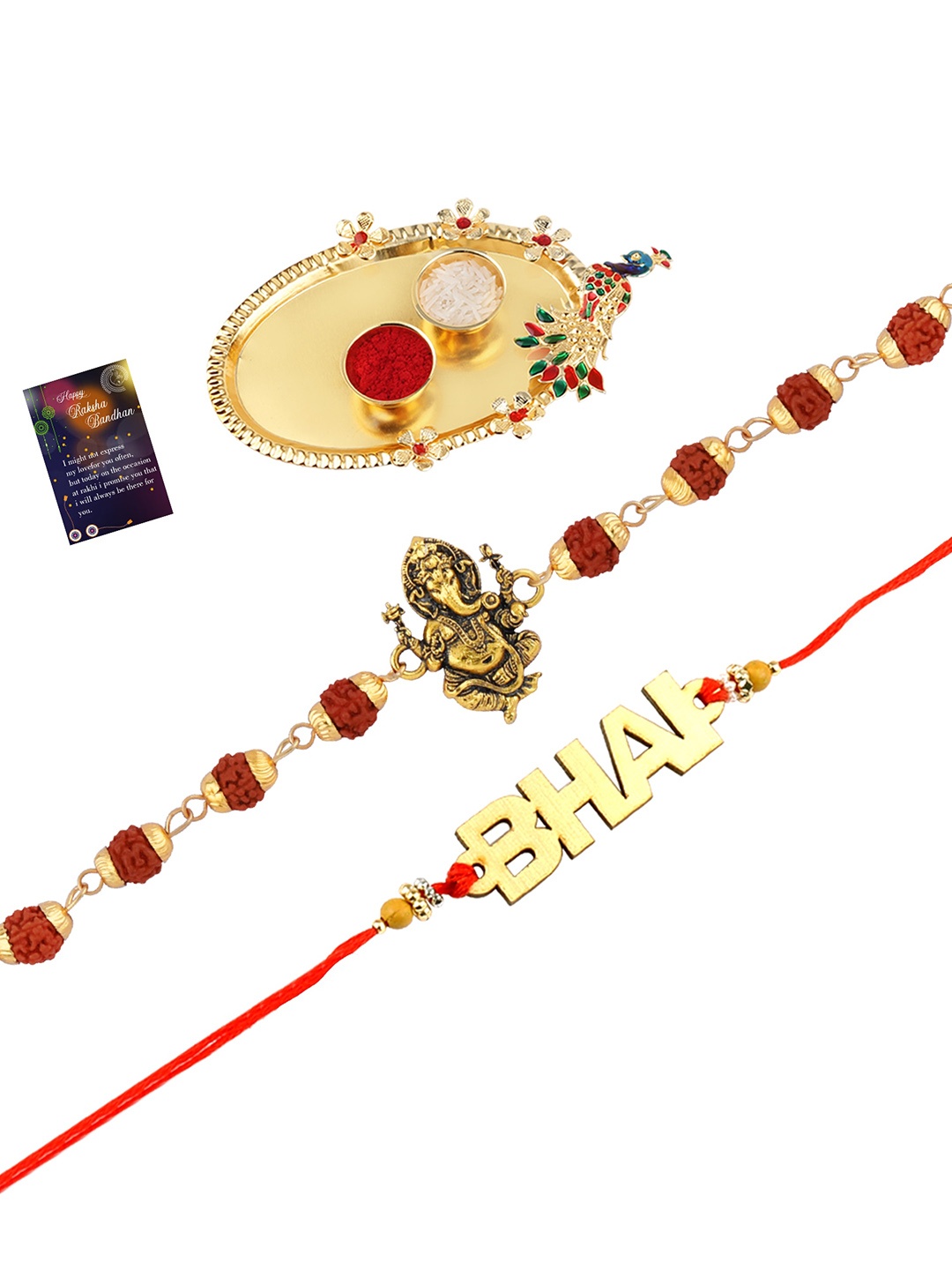 

Silver Shine Set of 2 Rakhi With Pooja Thali Roli Chawal And Greeting Card, Gold