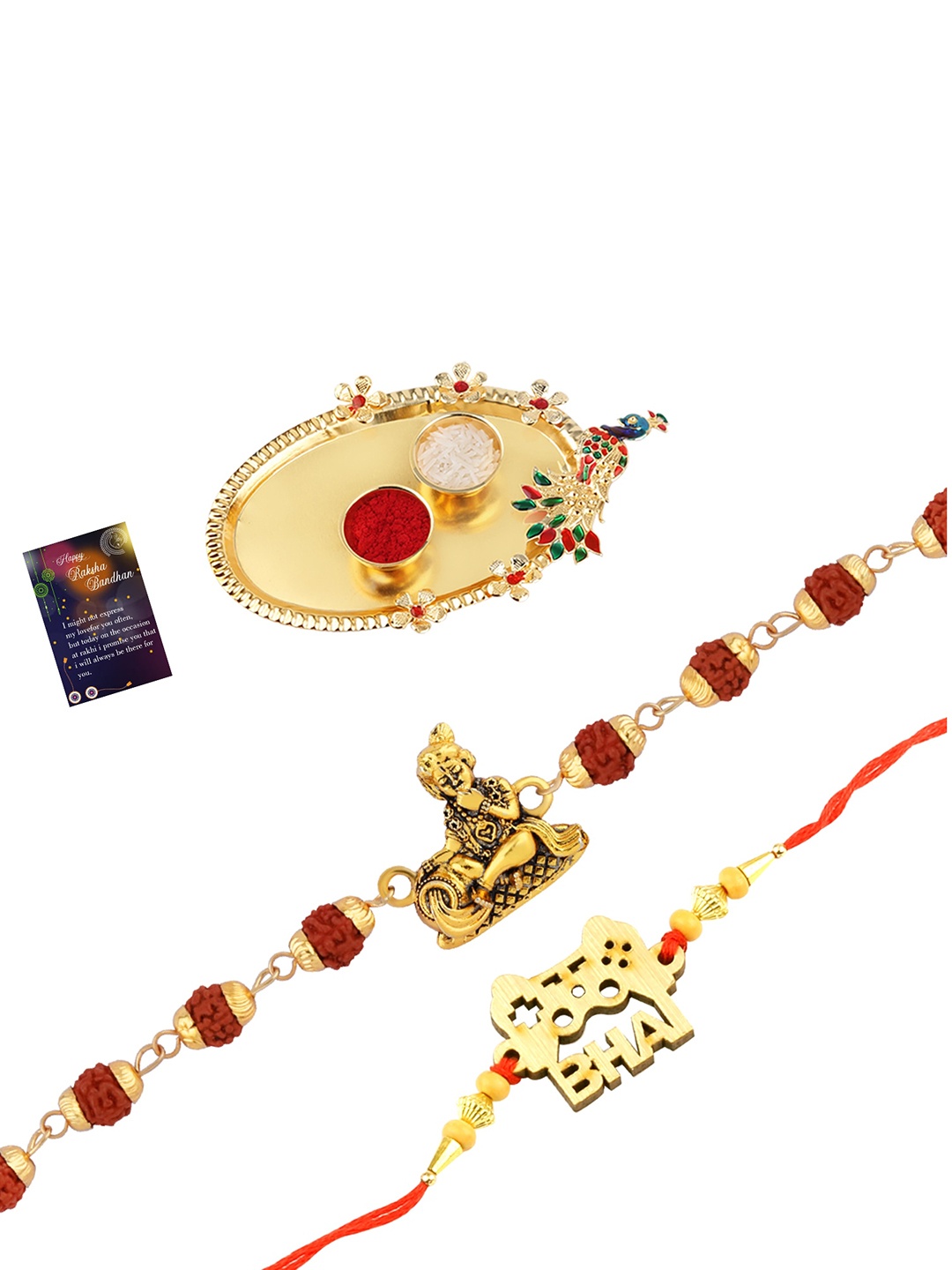 

Silver Shine 2 Rakhi With Pooja Thali Roli Chawal And greeting Card, Gold