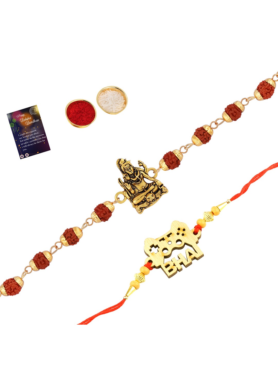 

Silver Shine Set of 2 Rakhi With Roli Chawal & Greeting Card, Gold