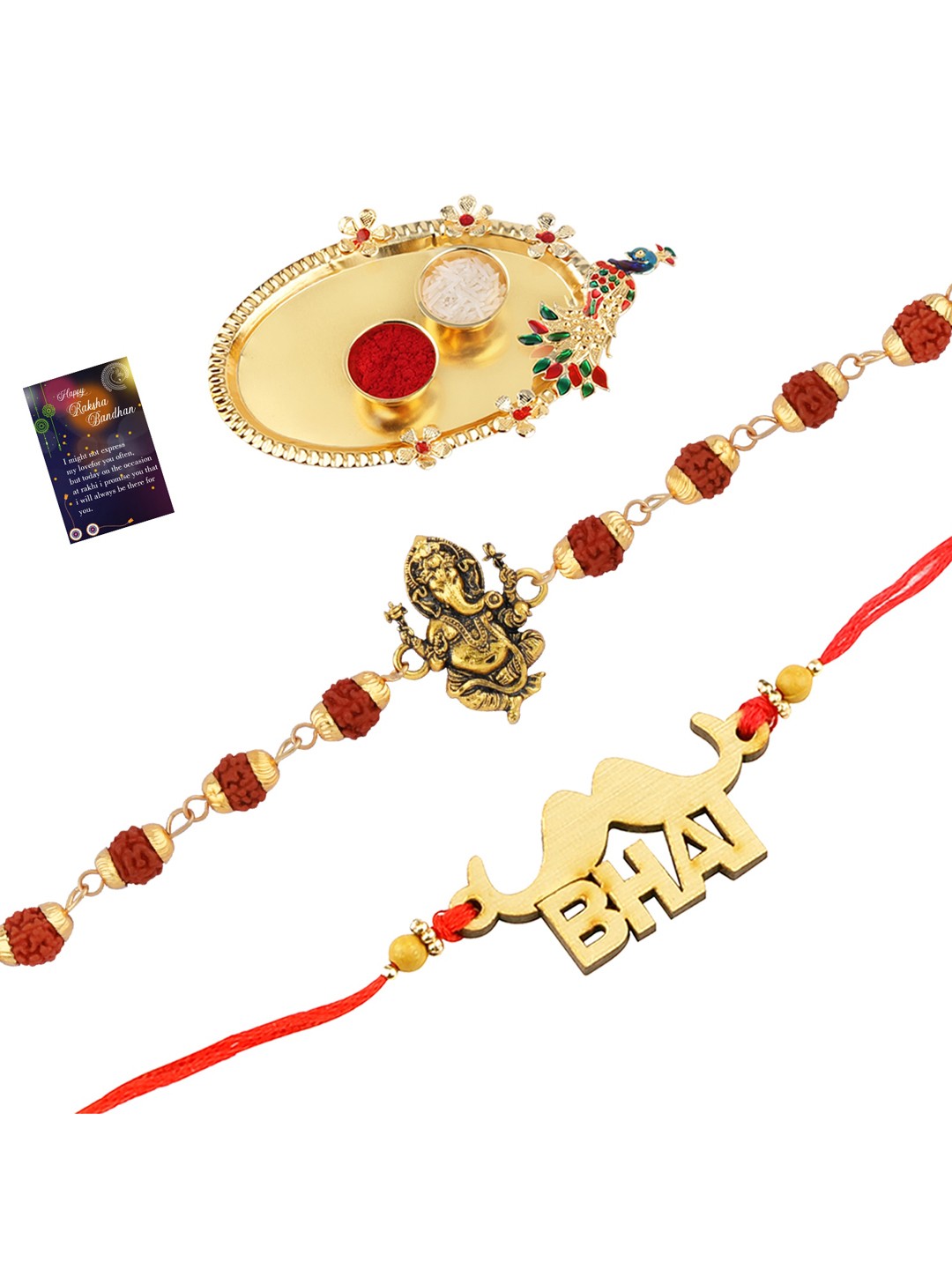 

Silver Shine 2 Rakhi with Pooja Thali Roli Chawal and Greeting Card, Multi