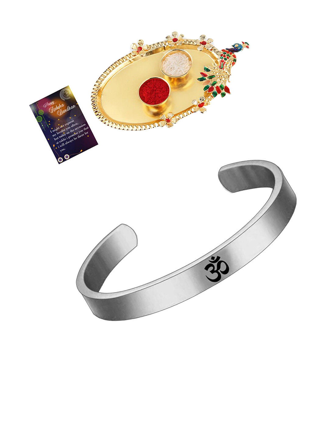 

Silver Shine Rakhi With Pooja Thali Roli Chawal & Greeting Card