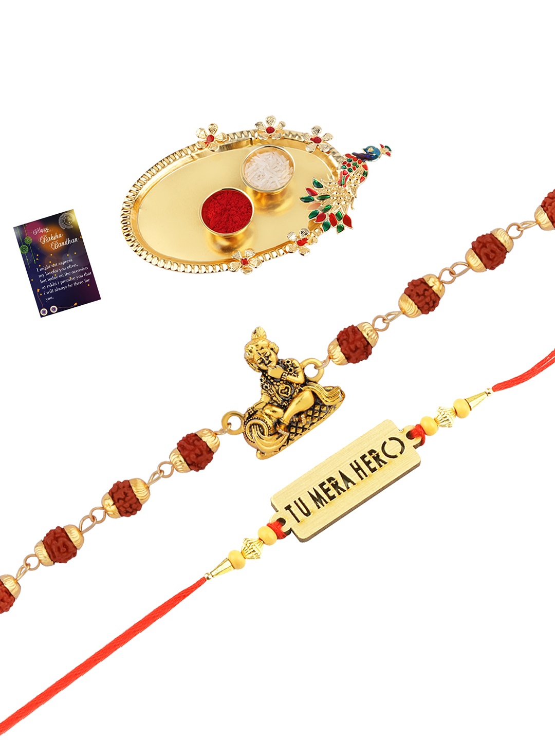 

Silver Shine 2 Rakhi with Pooja Thali Roli Chawal and Greeting Card, Gold