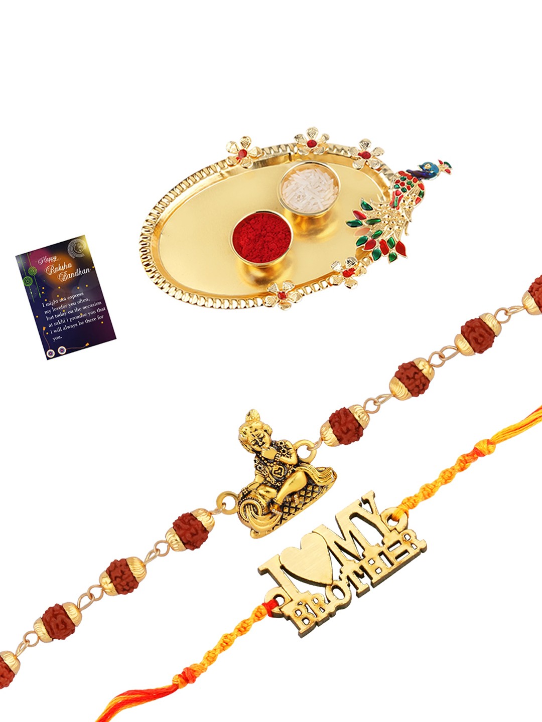 

Silver Shine Set of 2 Rakhis With Roli Chawal Pooja Thali, Red
