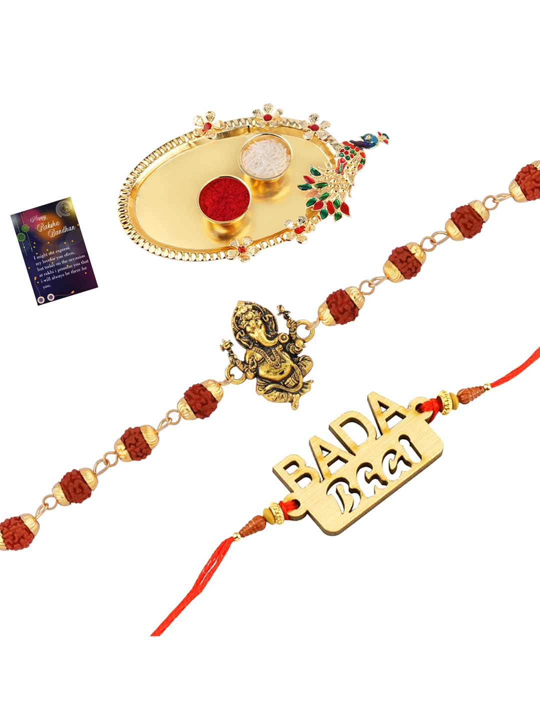 

Silver Shine 2 Rakhi With Pooja Thali Roli Chawal And Greeting Card, Multi