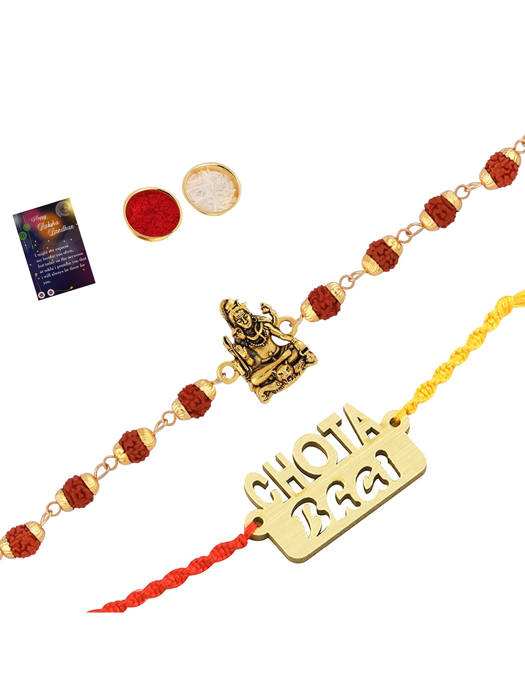 

Silver Shine Set of 2 Rakhi With Roli Chawal And Greeting Card, Red