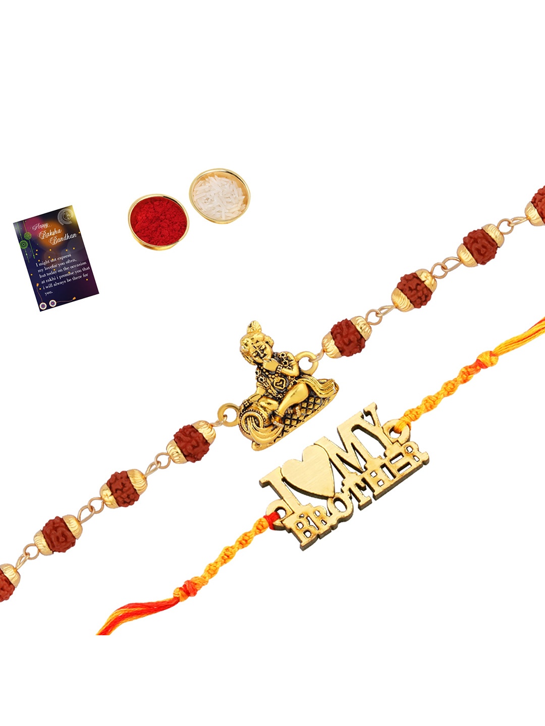 

Silver Shine Set Of 2 Beaded Rakhis With Roli Chawal And Greeting Card, Gold