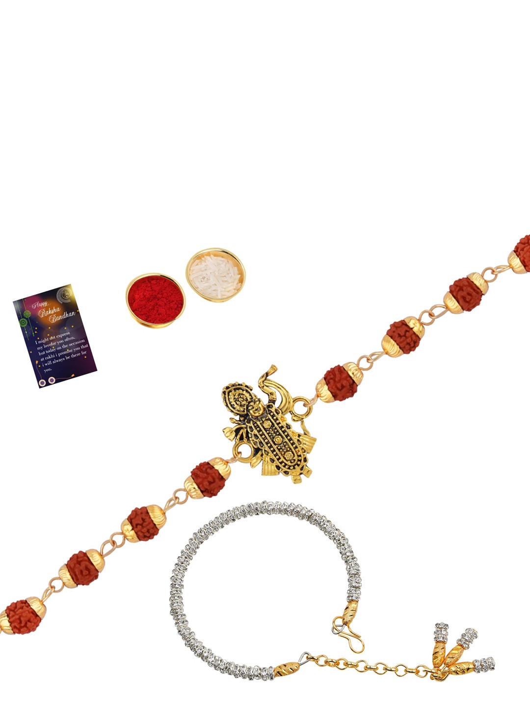 

Silver Shine Unisex Set Of 2 Rakhis With Roli Chawal And Greeting Card, Red