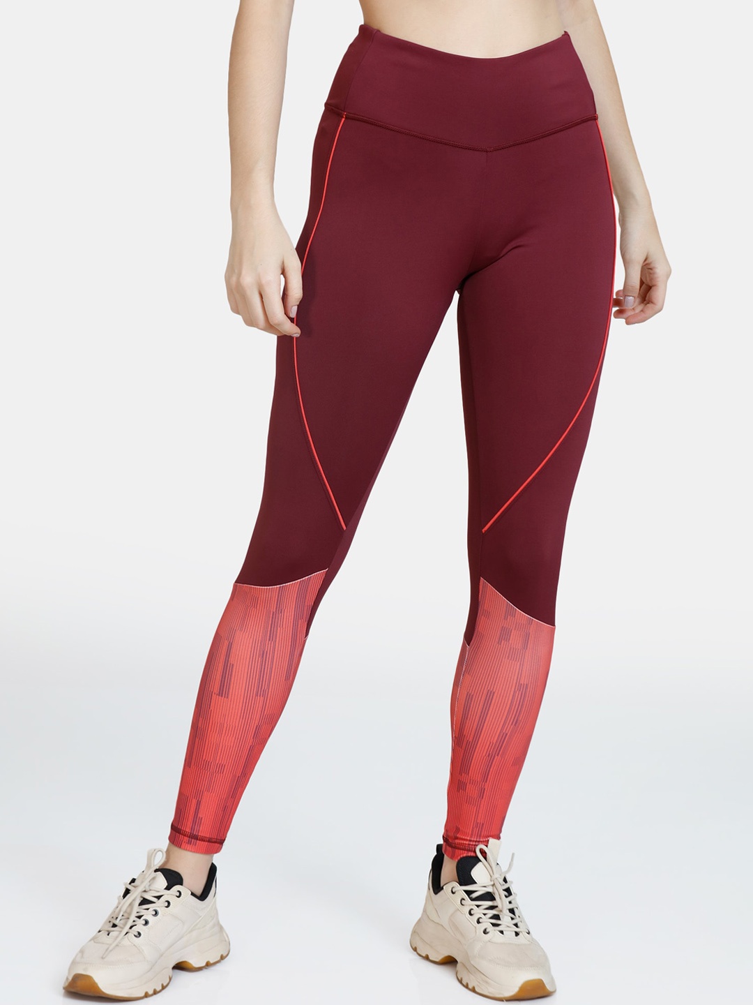 

Zelocity by Zivame Women Maroon & Pink Color-Blocked Ankle-Length Tights