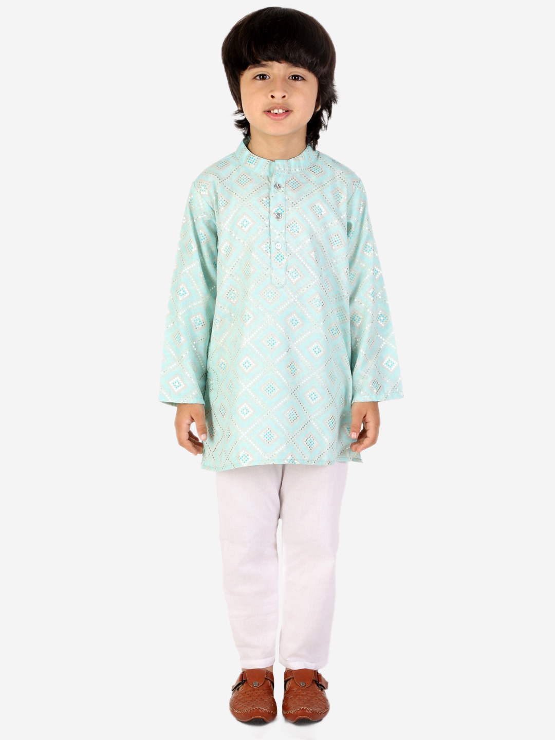 

Superminis Boys Turquoise Blue Printed Angrakha Pure Cotton Kurta with Pyjamas