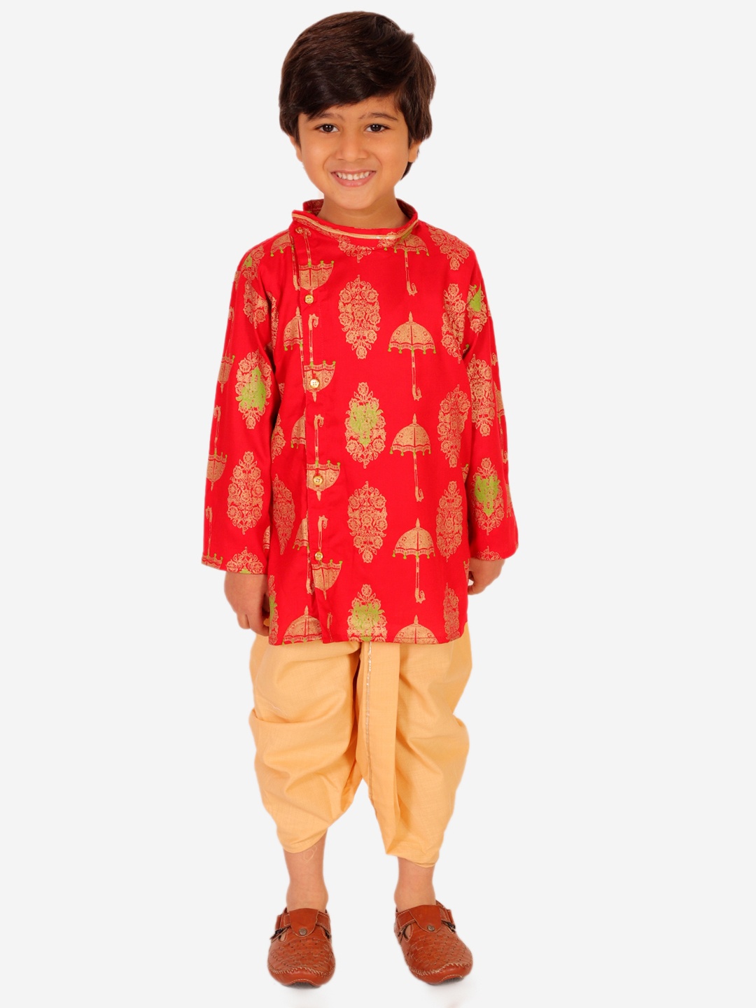 

Superminis Boys Red Ethnic Motifs Embroidered Angrakha Gotta Patti Pure Cotton Kurta with Dhoti Pants