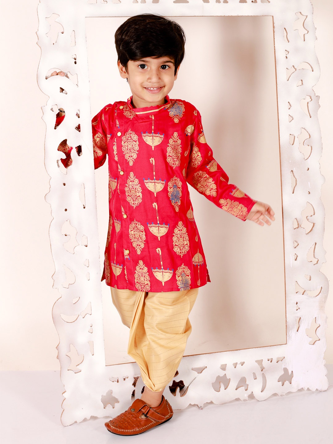 

Superminis Boys Pink Printed Angrakha Gotta Patti Pure Cotton Kurta with Dhoti Pants